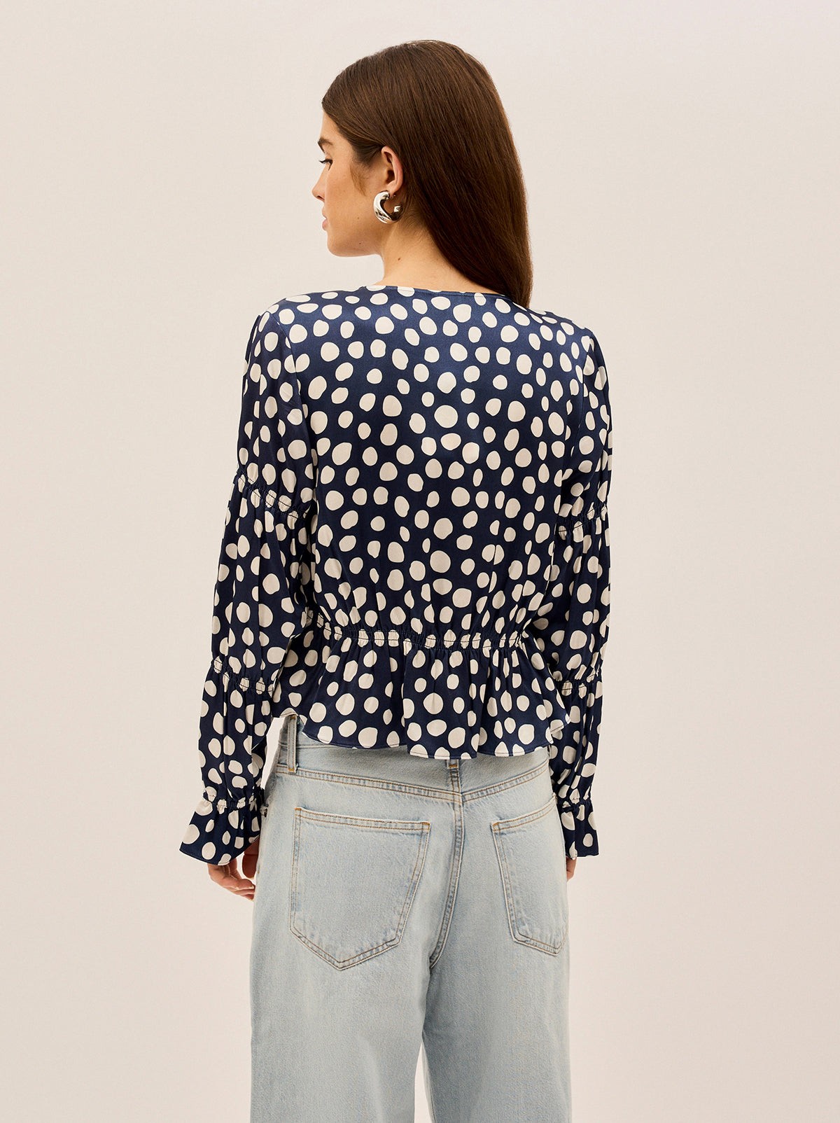 Maia Navy Polka Dot Satin Top view 3