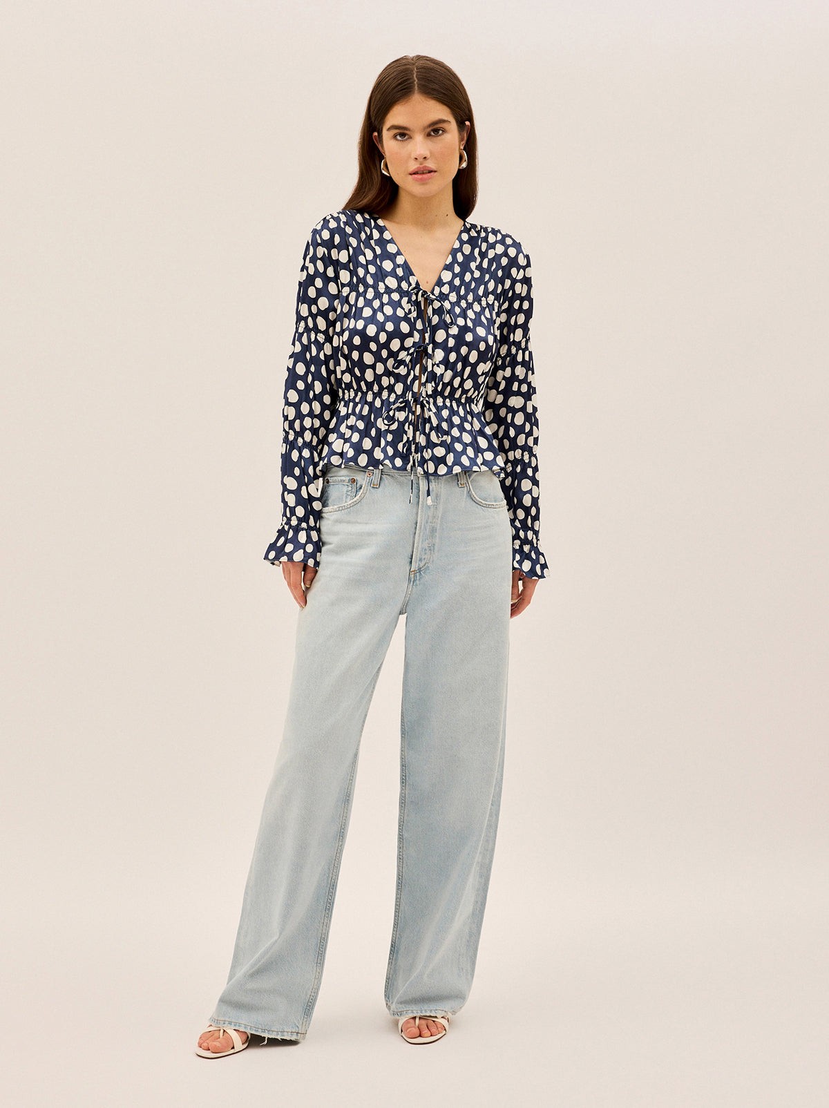 Maia Navy Polka Dot Satin Top view 4