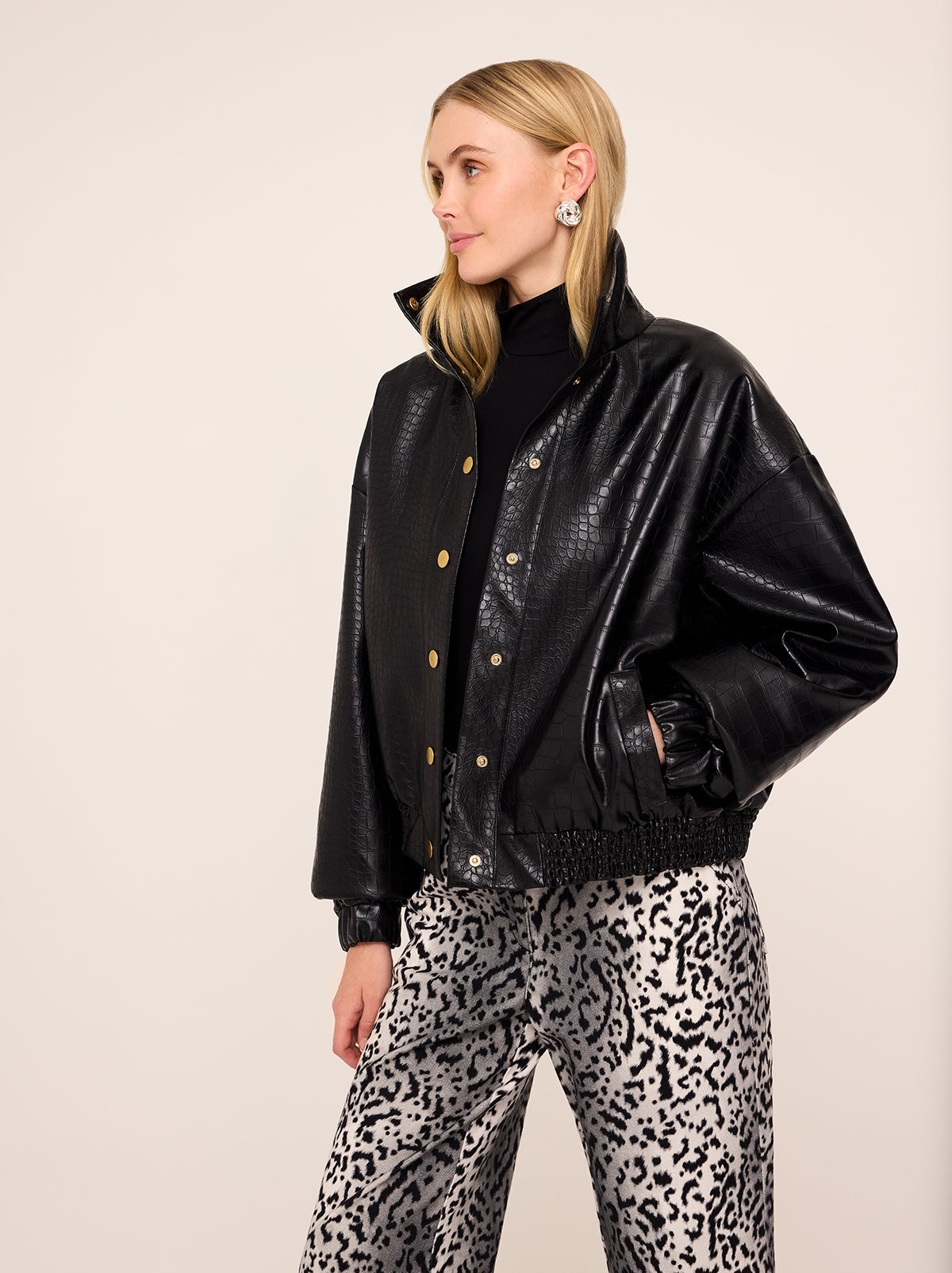 Estelle Black Faux Croc Oversized Bomber Jacket view 3