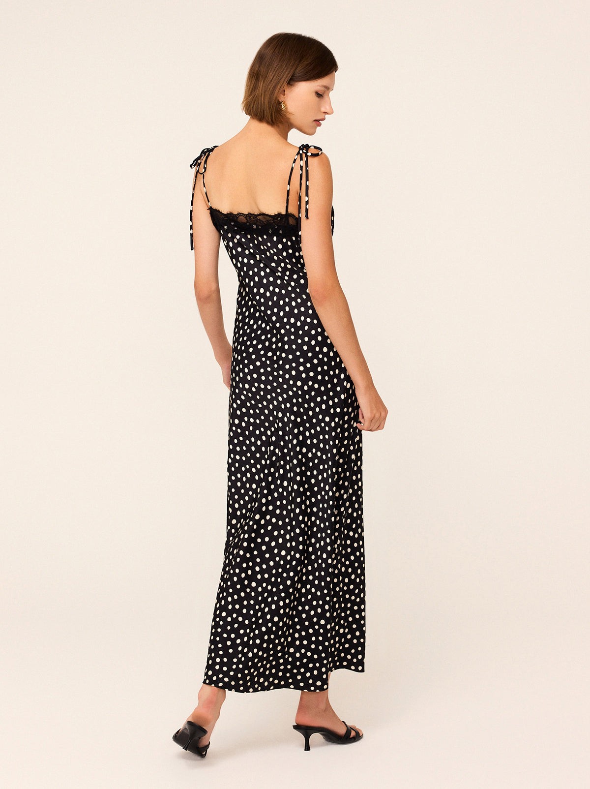 Venetia Black Polka Dot Print Lace Trim Maxi Dress view 3