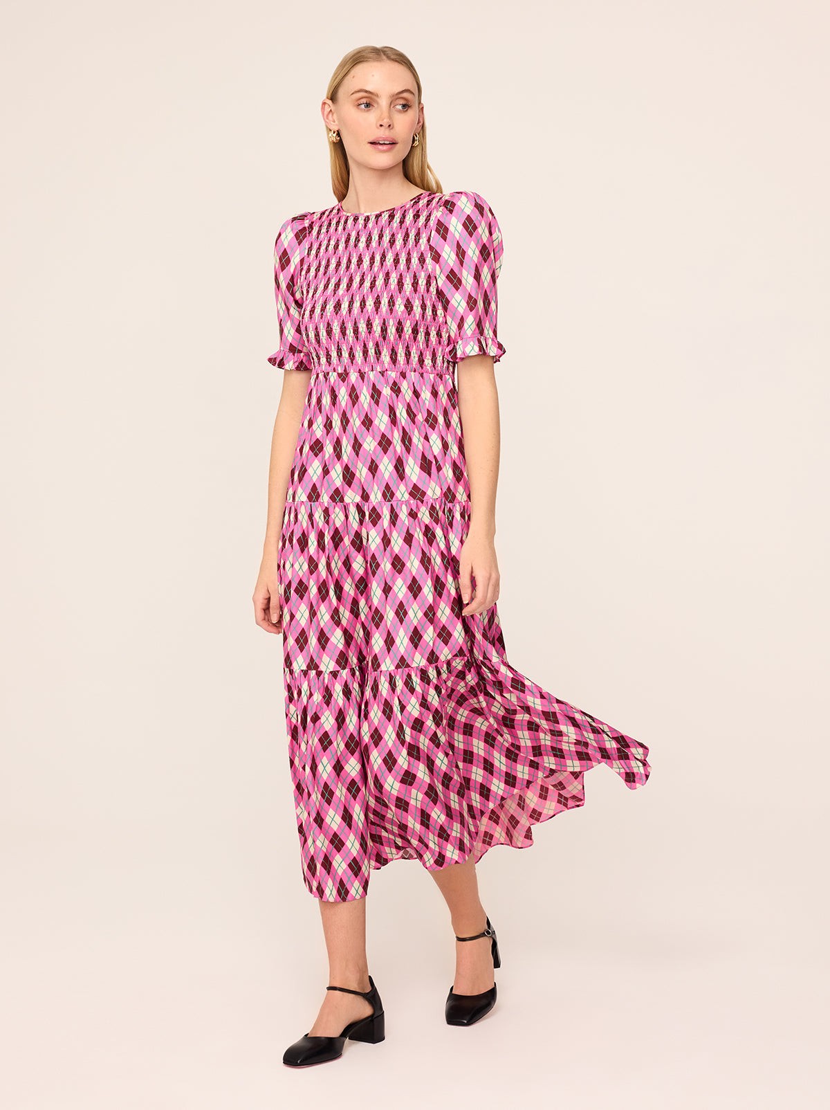 Gracie Pink Argyle Print Shirred Dress view 3