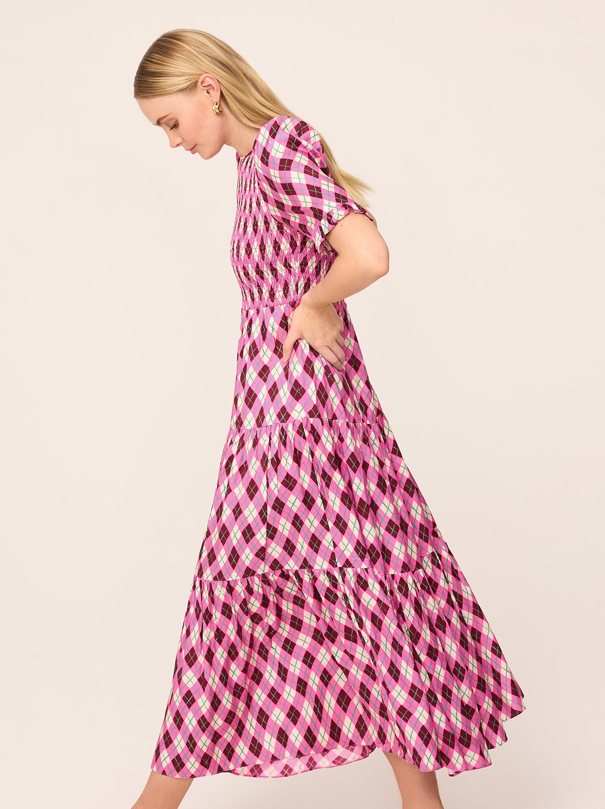 Gracie Pink Argyle Print Shirred Dress view 4